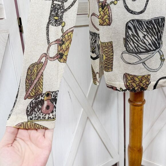 XXist Shimmer Purses Print Button Up Cardigan Sweater Gold Tan Multi Large - Picture 8 of 13